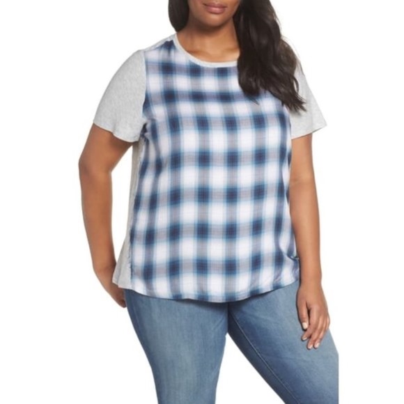 Vince Camuto Mixed Media Plaid Tee - Picture 1 of 7